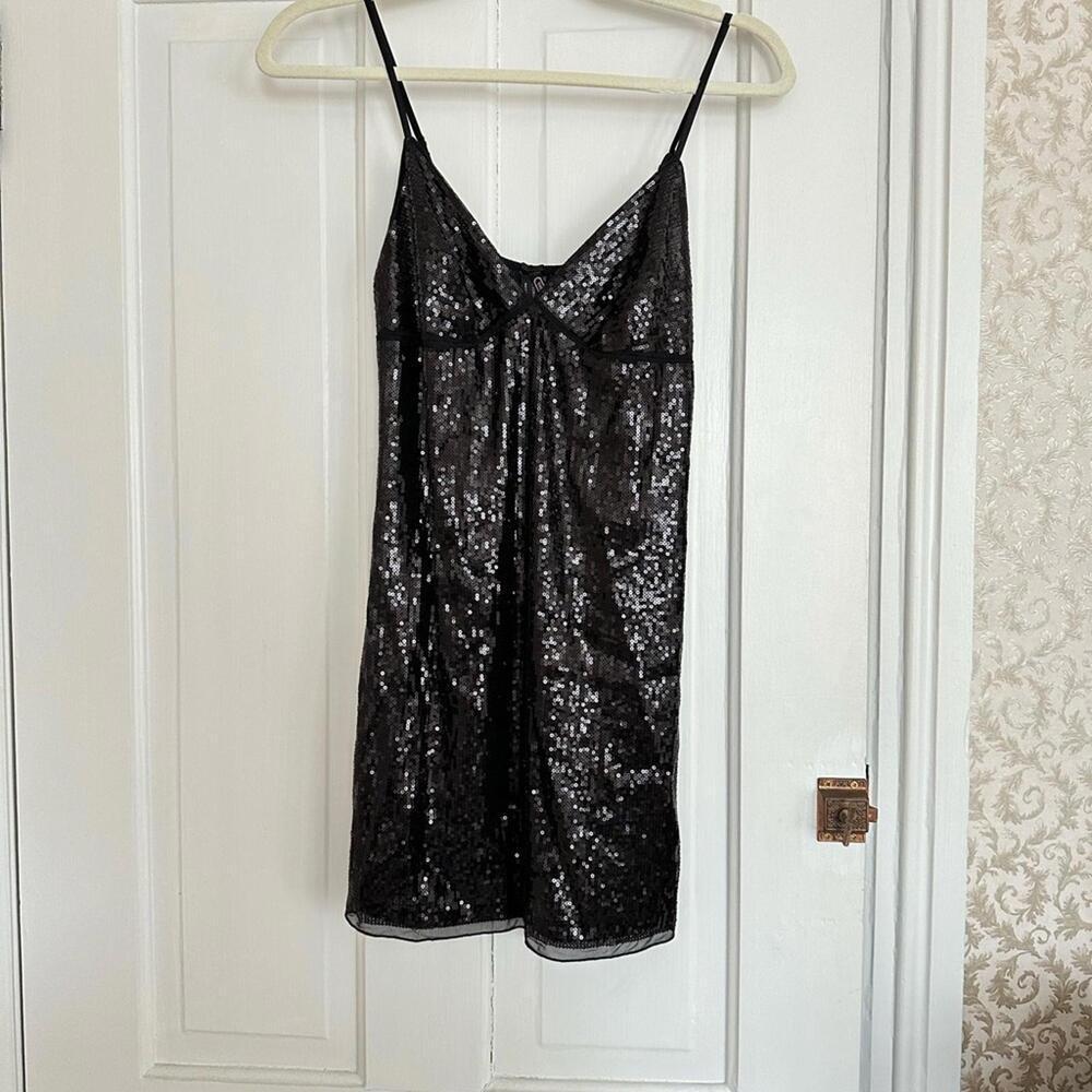 Victoria’s Secret The Lacie Black Sequined / Lace Empire Slip Chemise Nightie M